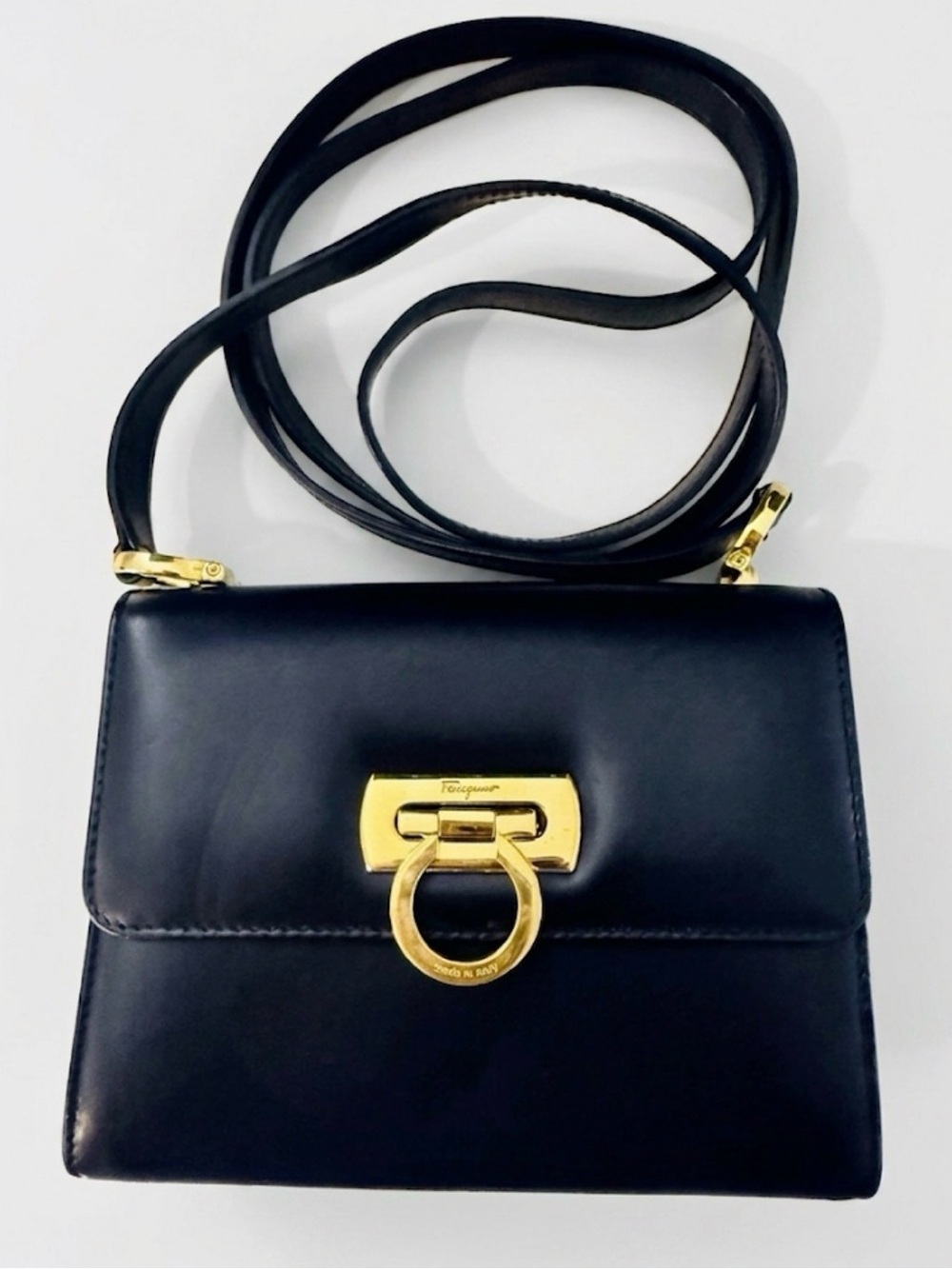 Salvatore Ferragamo Gancini Mini Flap Bag Black Calfskin Leather Gold Crossbody